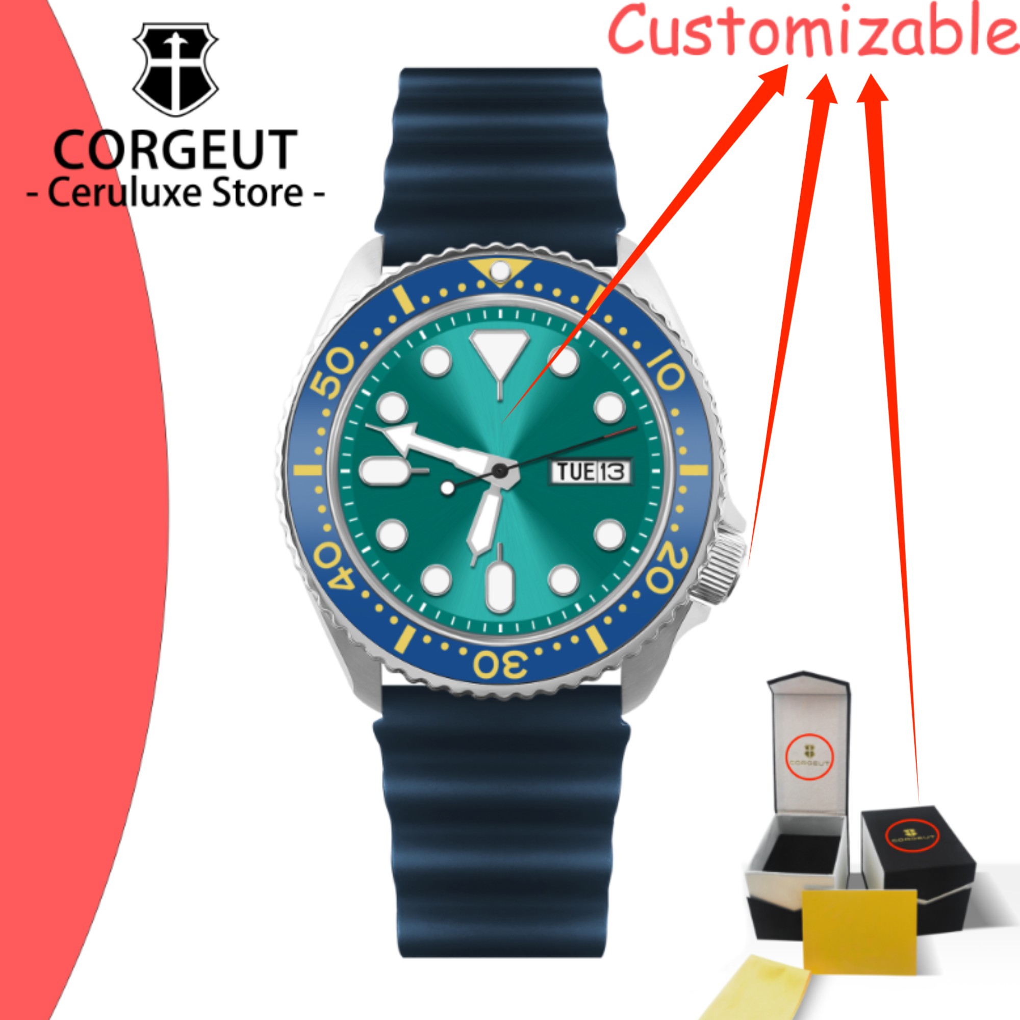 Vintage Watch Crystal - นาฬิกาดำน้ำวินเทจโลโก้แบบกำหนดเอง นาฬิกาผู้ชายระบบกลไก กันน้ำ 100 เมตร เรืองแสง