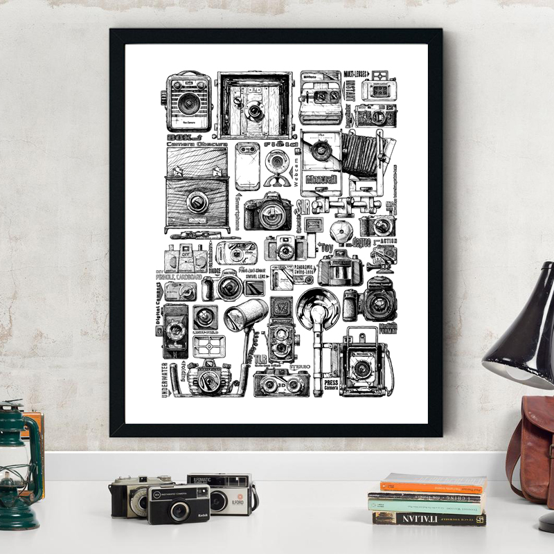 Collectible Vintage Cameras - Vintage คอลเลกชันกล้องภาพประกอบโปสเตอร์และพิมพ์สีดำสีขาวภาพวาดผ้าใบภาพผนังภาพตกแต่งช่างภาพของขวัญ