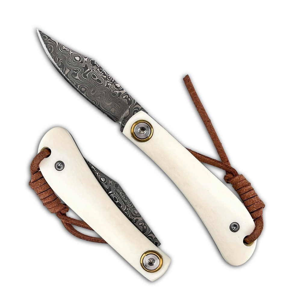 Vintage Collectible Knife - มีดพับดามัสกัส EDC วินเทจขนาดกะทัดรัด ด้ามจับทำจากกระดูกงาช้าง มีดพกพาสำหรับเอาตัวรอดกลางแจ้ง เหมาะสำหรับการตั้งแคมป์
