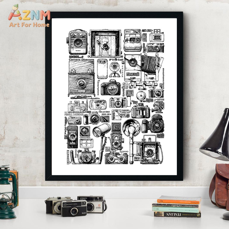 Collectible Vintage Cameras - AZNM คอลเลกชันกล้องวินเทจ ภาพพิมพ์บนผ้าใบ ศิลปะตกแต่งผนัง ลายเส้นขาวดำ กล้องถ่ายรูปย้อนยุค