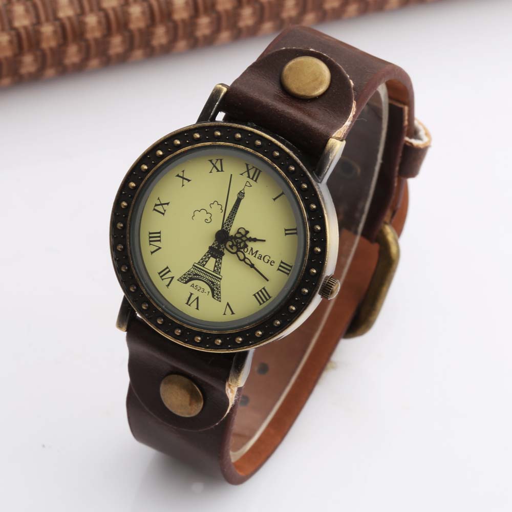 Vintage Watch Crystal - สตรีนาฬิกาแฟชั่นผู้หญิงสายรัดนาฬิกาหนังควอตซ์นาฬิกา Paris Eiffel Tower นาฬิกา Montre