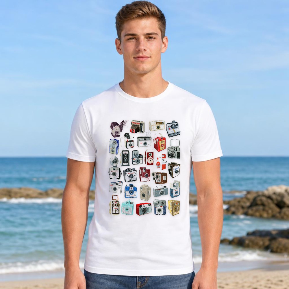 Collectible Vintage Cameras - เสื้อยืดลายกราฟิกผู้ชาย คอลเลคชั่นกล้องวินเทจ ศิลปะการถ่ายภาพย้อนยุค แขนสั้น ลำลอง สำหรับวันหยุดฤดูร้อน