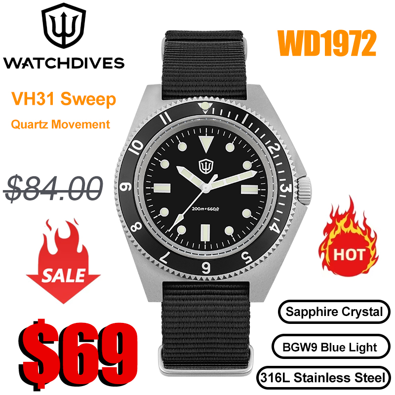 Vintage Watch Collecting - Watchdives WD1972 ควอตซ์นาฬิกา VH31 กวาดวินาที Sapphire